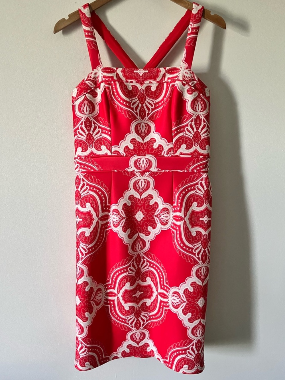 Lovely by Adrianna Papell Orange Red White Bold Medallion Print Dress 6
